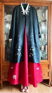Vintage Korean Hanbok Durumagi Coat Midnight Blue Silk Robe Butterfly Design - Bild 1 von 17