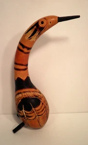 Peru Carved Gourd Bird Rattle Painted Burned Stained Vintage Folk Art 7" Wood - Picture 1 of 9