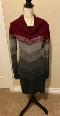 BCX Women's Sweater Dress Red Gray Black Stripes Cowl Neck Knit Jr. Size Large - Image 1 of 4