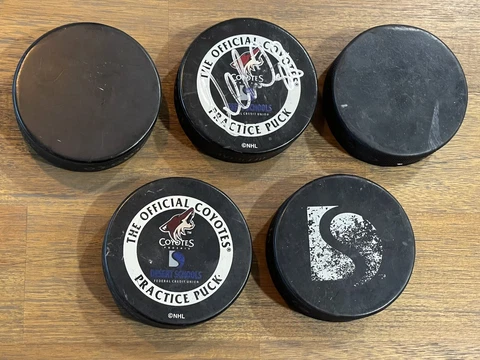 Lot of 5 PHOENIX COYOTES Official NHL Practice Pucks Desert Schools Inglasco Cover