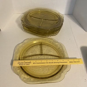 Vintage Yellow Amber Federal Madrid Depression Glass 10 1/4" Divided Plates 6 - Picture 1 of 7