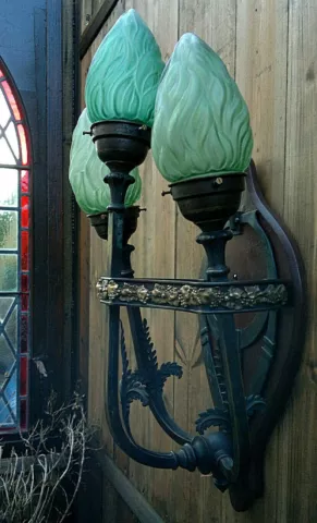 c1900 Art Nouveau Jugendstil Bronze 3 Arm Green Flame Wall Light Sconce 22" Cover