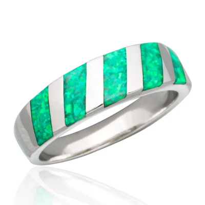 Diagonal Stripes Kiwi Green Fire Opal Silver Jewelry Women Band Ring Size 7 8 9 - Image 1 of 4