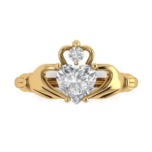 2.25ct Heart Irish Celtic Claddagh Ring 14k Yellow gold simulated diamond - Picture 1 of 11