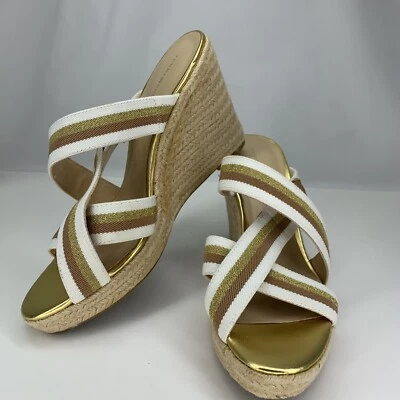 Tommy Hilfiger 10 码 TWPARFAIT Espadrille 白色金色棕色绑带楔形凉鞋 — 第 1/4 张图片