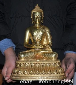12.4" Antiguo templo budista tibetano bronce dorado Sakyamuni Shakya Mani Buda estatua - Imagen 1 de 8