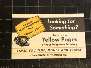 Antique Vintage COMMONWEALTH TELEPHONE YELLOW PAGES Sign Card Advertisement - Picture 1 of 5