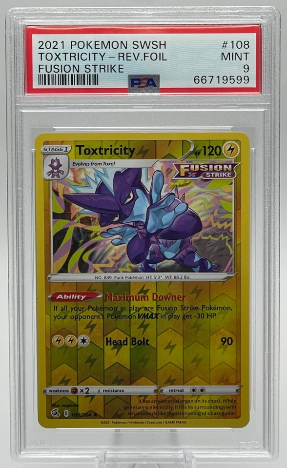 2021 POKEMON SWORD & SHIELD FUSION STRIKE #108 TOXTRICITY REVERSE FOIL PSA 9 MT - Image 1 of 2
