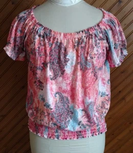 Grace Elements Women's Size M Knit Top Pink Blue Floral Paisley Elastic Detail - Picture 1 of 5