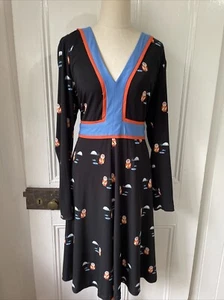 Leona Edmiston size 5 AU 18 Black Blue Eskimo Print Fit & Flare Dress Long Sleev - Picture 1 of 10