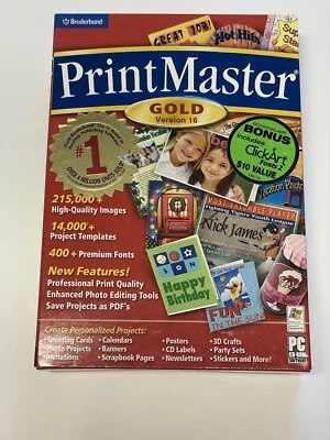 Broderbund PrintMaster Gold 16 + Bonus Click Art Fonts 2. PC CD (Very Good) - Image 1 of 4