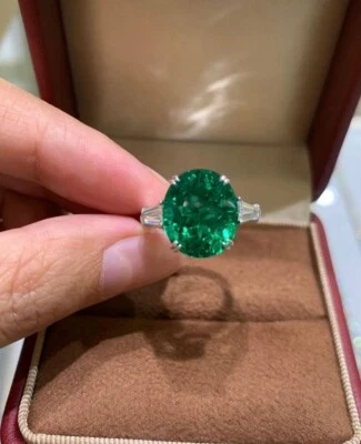 3.40 Ct Oval Natural Emerald Diamond Wedding Ring 14K Real White Gold Size 6 7 8 - Image 1 of 4