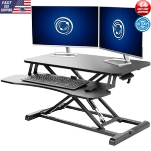 Height Adjustable Desk Riser Sit Stand Workstation Dual Monitor Keyboard Tray - Picture 1 of 5