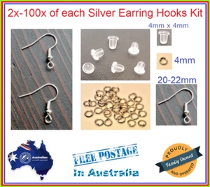 2/10/20/50/100x Silver Earring Hooks Kit with 4mm Jump Rings + Rubber Backs - Picture 1 of 4