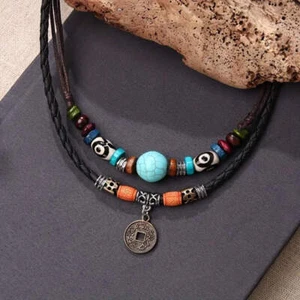 Collar de doble bucle con cuentas de turquesa y moneda china de la suerte - Imagen 1 de 4