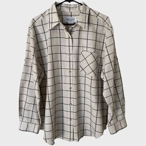 Vintage Jones Wear Roll-Tab Linen Sports Shirt Women's XL Beige Plaid Button-Up - Picture 1 of 13
