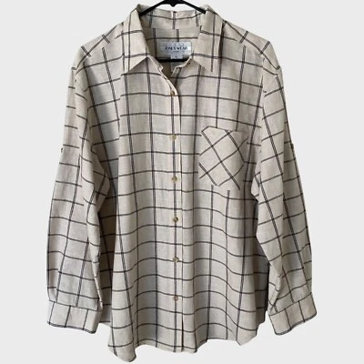 Vintage Jones Wear Roll-Tab Linen Sports Shirt Women's XL Beige Plaid Button-Up - Image 1 of 4