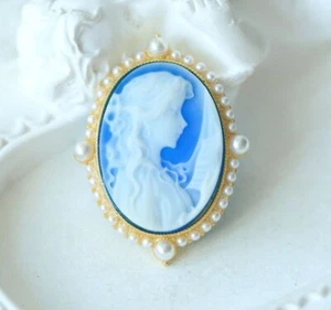 N18 Prinzessin Achat blau Perlmutt Anhänger Brosche Silber 925 vergoldet - Bild 1 von 5