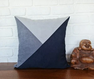 Gray-light gray color block triangle design black faux suede pillow cover-1qty - Picture 1 of 5