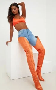 8 Orange Satin Thigh High Crotch Boots | 4.5" Heel | Zip Up | Daring Sexy Boots - Picture 1 of 3