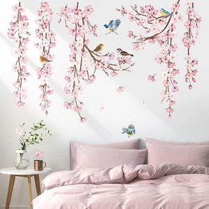 Decalmile Wandtattoo Kirschblüte Hängende Wandaufkleber Blumen Rosa Vögel Auf As - Bild 1 von 12