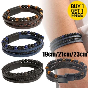 NEW Mens Leather Braided Surfer Wristband Bracelet Tiger Eyes Beaded Bangle Gift - Picture 1 of 18