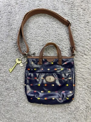 Bolsa satchel tiracolo Fossil Key por azul marinho couro encerado acabamento bolinhas - Imagem 1 de 4