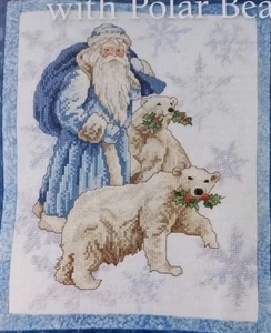Cross Stitch "BLUE SANTA WITH POLAR BEARS" pattern ~ Christmas, holly, snow - Picture 1 of 1