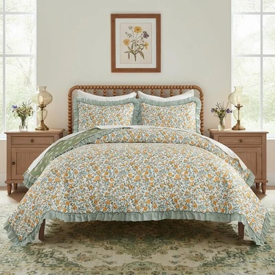 Juego de edredón floral con volantes tamaño queen, amarillo cabaña Shabby Chic cubierta botánica... Foto 1 de 4