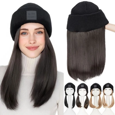 Knitted Hat Wig Knit Winter Hat With 12 Inch Hair Wig Synthetic Straight Hair US - Image 1 of 4