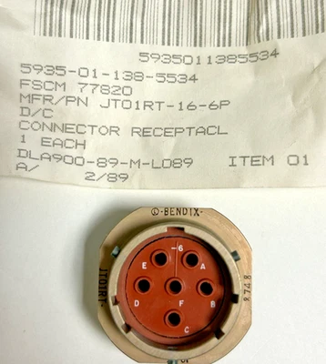 Bendix connector JT01RT-16-6P with contacts. NSN 5935-01-138-5534, NOS. - Image 1 of 4