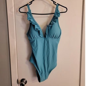 SERRA Seafoam Green Ruffle Plunge OnePiece Swimsuit M Pinup Rockabilly Beachwear - Picture 1 of 7
