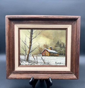 Pintura al óleo vintage a bordo "Granero en la nieve" firmada Rozario - Imagen 1 de 9
