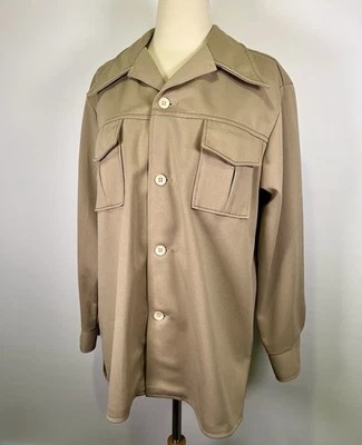 Vintage 70s Farah Dagger Collar Shirt Men’s Large Khaki Utility Shacket Retro - Image 1 of 4