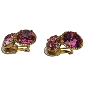 Vintage goldfarbene Ohrclips facettiert rosa Doppelkristalle Krappen Set Italien - Bild 1 von 10