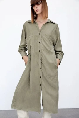 Vestido Camisa Zara Talla XS Verde Túnica Mezcla de Lino Midi Gran Tamaño Utilitario Informal Foto 1 de 4