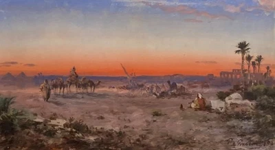 Paul B. Pascal Orientalist painting  Arabs in Sahara with pyramids & temple 1902 - Image 1 of 4