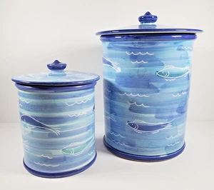 Vintage Sberna Deruta Kanister 2er Set handbemalt italienische Keramik Aqua Fisch Motiv - Bild 1 von 9