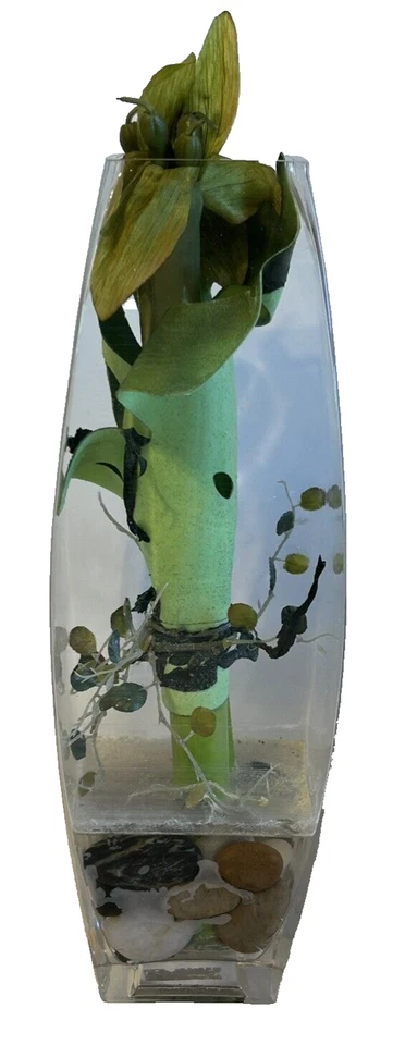 large thick Clear glass planter/vase  with faux plant Terrarium? rock bottom 14" - Image 1 of 4