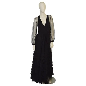 Maxi Vestido de Noche Twinset Negro Tul con Niveles Volantes Mangas Transparentes Talla 40 - Imagen 1 de 9