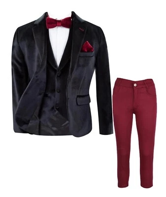 Niños Calce Ajustado Formal Boda Fiesta Terciopelo Traje con Parches en el Codo en Negro Foto 1 de 2