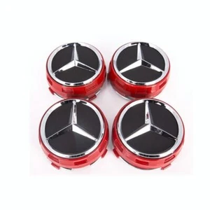 MERCEDES 0004000900 RAISED Red BLACK CENTER CAP W/ CHROME STAR OEM 4 SET - Picture 1 of 2