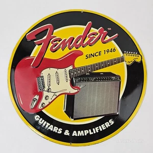 Vintage Fender Guitars & Amps Metal Ad Sign, 13" Diameter - Picture 1 of 2