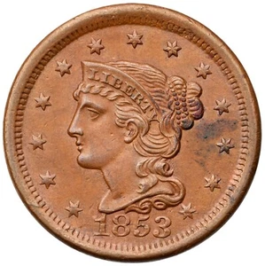 Moneda de 1 centavo grande cabello trenzado 1853 N-30 R-2 - Imagen 1 de 2