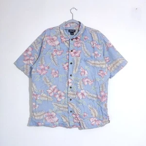 Lands’ End Hawaiian Shirt Blue Pink Floral Short Sleeve Cotton Large Regular Fit - Picture 1 of 8