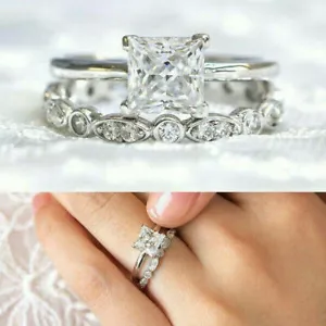 Princess Cut 2.50Ct Simulated Diamond 14k White Gold Bridal Ring Set in Size 7.5 - Picture 1 of 5