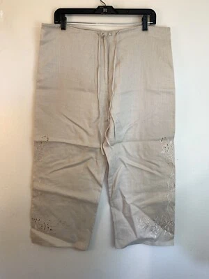 Pantalones capri para mujer Lucy Pereda beige lino bordado ojales recorte talla 10 Foto 1 de 4