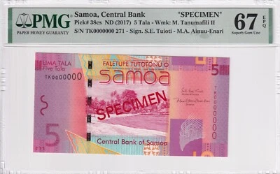 Samoa, 5 Tala, 2017, UNC, p38cs, Specimen - Image 1 of 2