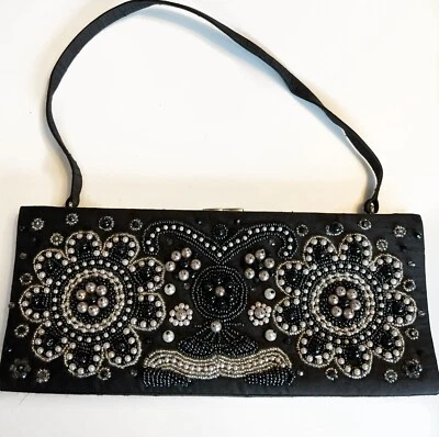 Kate Landry Small Black Beaded Linen Evening Cocktail Purse Bag Clutch Strap - Image 1 of 4