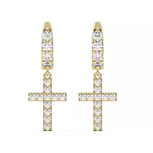 Lab Created Diamond 14K Yellow Gold Finish Men's Cross Dangle Hoop Earrings - Picture 1 of 3